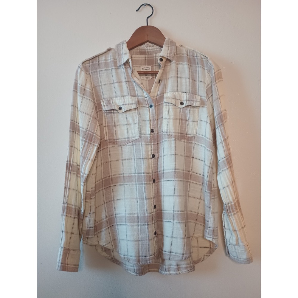 Billabong Venture Out Plaid Flannel Womens Shirt M Beige Grunge Bella Swan ALT